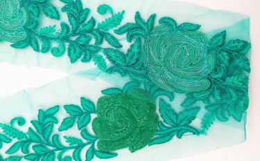 Cyan Green Soft Net Fabric Lace Trim with Floral Embroidery, Lace Trim, Sari Border